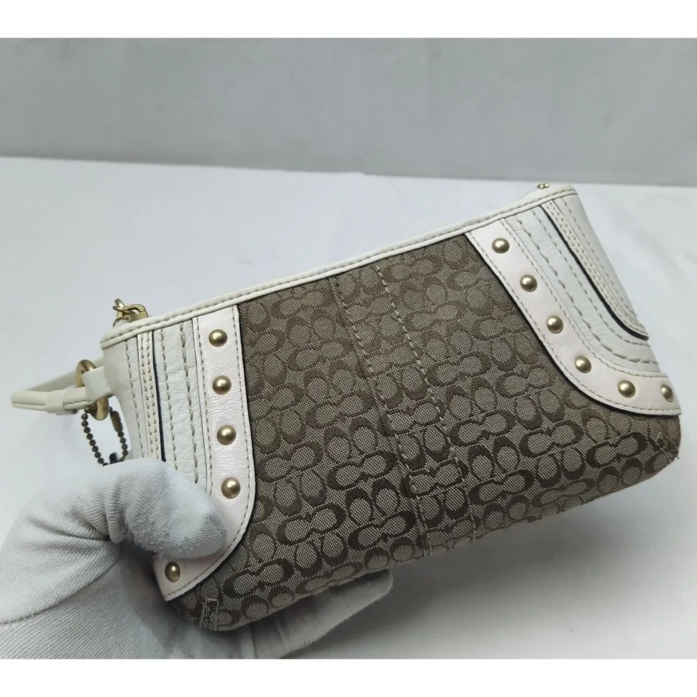 Coach Mini C Brown Canvas Leather Trim Studded Zipper Wristlet - Coin Wallet